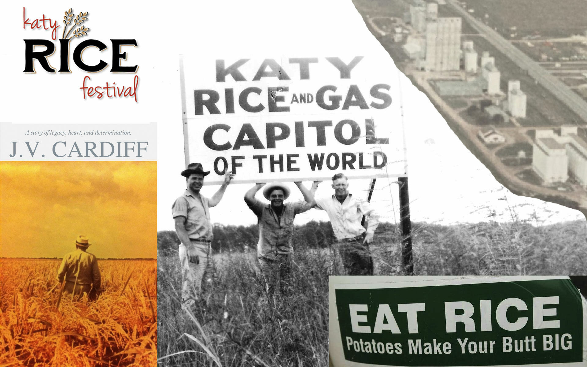 Collage: Katy, rice and gas capital of the world, and an Eat Rice sign
