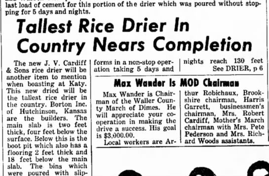 Newspaper clipping from 1966: Tallest Rice Drier In Country Nears Completion